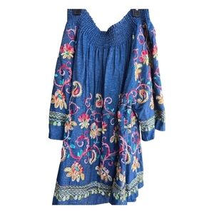 Oso Floral Embroidered Off-Shoulder Multicolor Chambray Top Size 2X  28" PTP